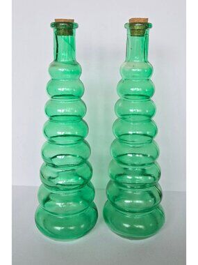 Pair, Vintage Green Glass Bottles W/Stoppers 9.75" Tall Ribbed Design